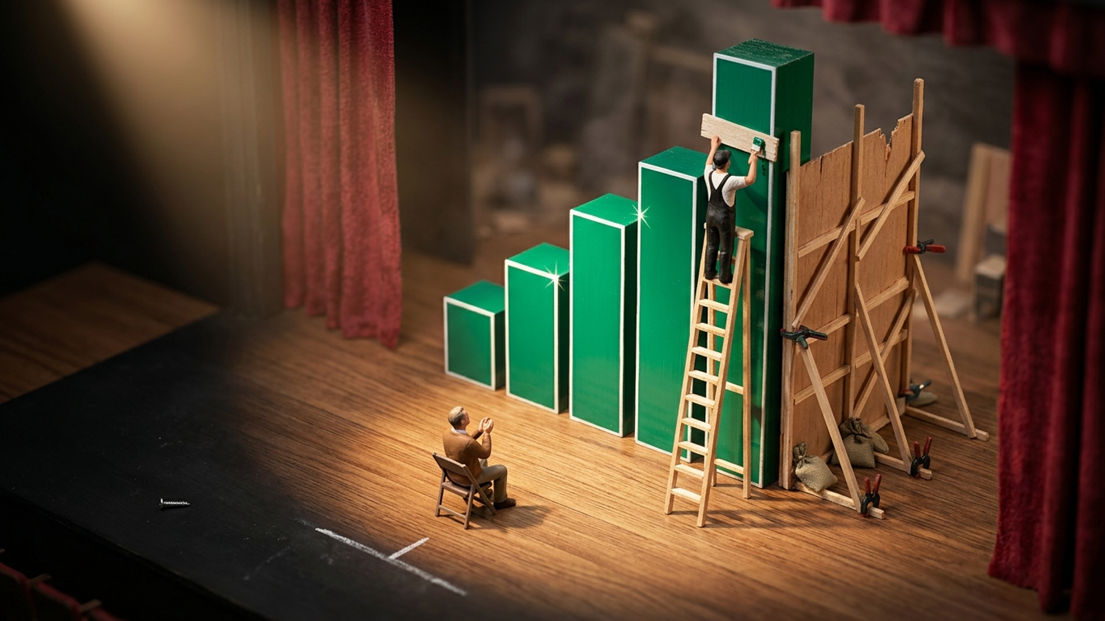 A tiny stage with a glossy rising bar chart that is really propped-up plywood, as a stagehand paints the top bar taller and a lone client applauds.